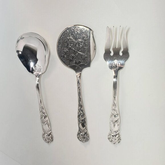 Birks “Primrose Plate” Silver-Plated Serving Spoon&Fork with Italian Pie Server - Picture 3 of 7